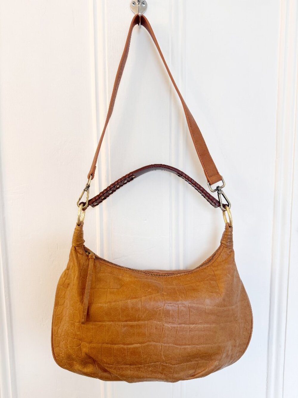 SIGRID OLSEN Brown Leather Crocodile Pattern Purse Carry as Hobo or Shoulder Bag